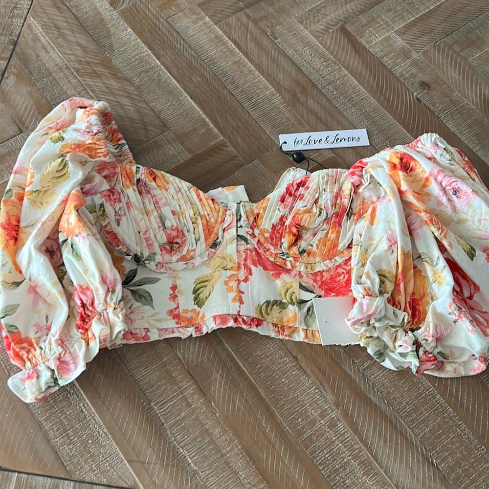 Flower Puff Sleeve Zip Crop Top